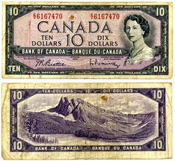 1954 - MODIFIED PORTRAIT -  1954 10-DOLLAR NOTE, BEATTIE/RASMINSKY (G)