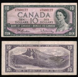 1954 - MODIFIED PORTRAIT -  1954 10-DOLLAR NOTE, BEATTIE/RASMINSKY - INCOMPLETE PRINTING (ONE LITHO COLOUR MISSING) (VG)