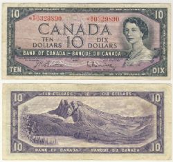 1954 - MODIFIED PORTRAIT -  1954 10-DOLLAR NOTE, BEATTIE/RASMINSKY PREFIXES B/V