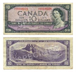 1954 - MODIFIED PORTRAIT -  1954 10-DOLLAR NOTE, BEATTIE/RASMINSKY PREFIXES U/T