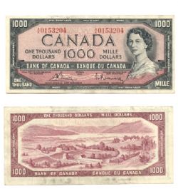 1954 - MODIFIED PORTRAIT -  1954 1000-DOLLAR NOTE, BOUEY/RASMINSKY PREFIXES A/K