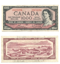 1954 - MODIFIED PORTRAIT -  1954 1000-DOLLAR NOTE, BOUEY/RASMINSKY (VF)