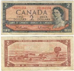 1954 - MODIFIED PORTRAIT -  1954 2-DOLLAR NOTE, BEATTIE/RASMINSKY PREFIX *B/B (G)