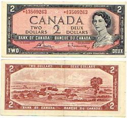 1954 - MODIFIED PORTRAIT -  1954 2-DOLLAR NOTE, BOUEY/RASMINSKY PREFIXES A/G