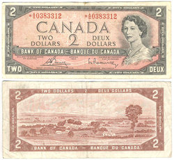 1954 - MODIFIED PORTRAIT -  1954 2-DOLLAR NOTE, BOUEY/RASMINSKY (VF)