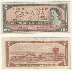 1954 - MODIFIED PORTRAIT -  1954 2-DOLLAR NOTE, BOUEY/RASMINSKY (VG)