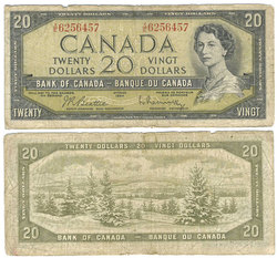 1954 - MODIFIED PORTRAIT -  1954 20-DOLLAR NOTE, BEATTIE/RASMINSKY (G)