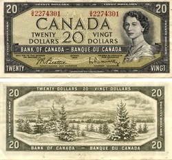 1954 - MODIFIED PORTRAIT -  1954 20-DOLLAR NOTE, BEATTIE/RASMINSKY (VF)