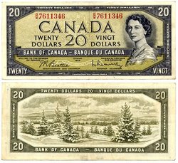 1954 - MODIFIED PORTRAIT -  1954 20-DOLLAR NOTE, BEATTIE/RASMINSKY (VF)