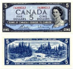 1954 - MODIFIED PORTRAIT -  1954 5-DOLLAR NOTE, BEATTIE/RASMINSKY (GUNC)