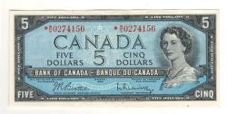 1954 - MODIFIED PORTRAIT -  1954 5-DOLLAR NOTE, BEATTIE/RASMINSKY PREFIX *W/S (CUNC)