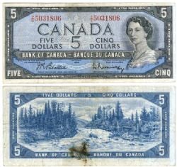 1954 - MODIFIED PORTRAIT -  1954 5-DOLLAR NOTE, BEATTIE/RASMINSKY PREFIXES Z/C - RADAR NOTE: 3 OR 4 DIGIT SERIAL NUMBERS (G)