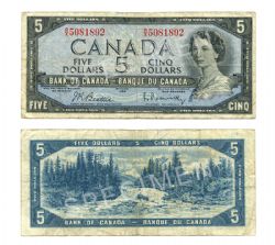 1954 - MODIFIED PORTRAIT -  1954 5-DOLLAR NOTE, BEATTIE/RASMINSKY (VG)