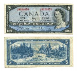 1954 - MODIFIED PORTRAIT -  1954 5-DOLLAR NOTE, BEATTIE/RASMINSKY (VG)