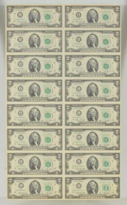 1976 -  UNCUT 2 DOLLARS BANK NOTE SHEET (2X8)