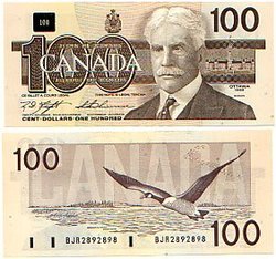 1988 -  1988 100-DOLLAR NOTE, KNIGHT/THIESSEN, PREFIX BJR (UNC)