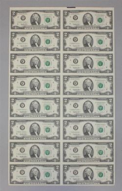 1995 -  UNCUT 2 DOLLARS BANK NOTE SHEET (2X8)