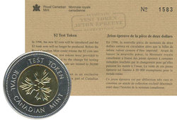 1996 AUTHENTIC 2-DOLLAR TEST TOKEN -  1996 CANADIAN COINS