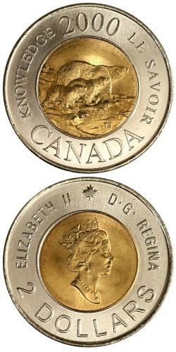 2-DOLLAR -  2000 2-DOLLAR - KNOWLEDGE - (CIRCULATED) -  2000 CANADIAN COINS