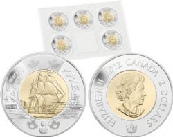 2-DOLLAR -  2012 HMS SHANNON 2-DOLLAR - 3 COINS WITH THE EXTRA SAIL VARIETY (SET OF FIVE COINS) -  2012 CANADIAN COINS