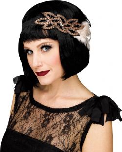 20'S -  BLACK FLAPPER HEADPIECE WITH BLACK AND WHITE FEATHERS