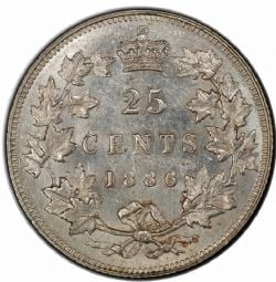 25-CENT -  1886 25-CENT 6/6-1, SHORT BOUGH ENDS -  1886 CANADIAN COINS