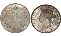 25-CENT -  1886 25-CENT OBV.2, PLAIN 6, SHORT BOUGH ENDS -  1886 CANADIAN COINS