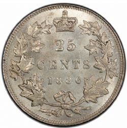 25-CENT -  1886 25-CENT OBV.4, 6/6-2, SHORT BOUGH ENDS -  1886 CANADIAN COINS