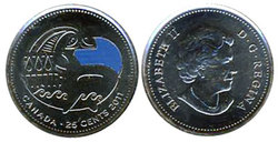 25-CENT -  2011 COLORED 25-CENT - ORCA WHALE - BRILLIANT UNCIRCULATED (BU) -  2011 CANADIAN COINS