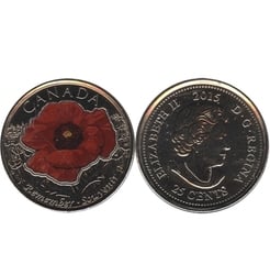 25-CENT -  2015 COLORED 25-CENT - IN FLANDERS FIELDS (POPPY) - BRILLIANT UNCIRCULATED (BU) -  2015 CANADIAN COINS