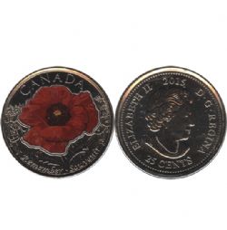 25-CENT -  2015 COLORED 25-CENT - IN FLANDERS FIELDS (POPPY) (CIRCULATED) -  2015 CANADIAN COINS