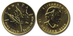 3.5MAPLE LEAVES -  1/4 OUNCE PURE GOLD MAPLE LEAF -  CANADIAN COINS