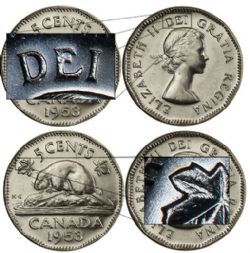 5-CENT -  1953 5-CENT NO SHOULDER FOLD, MAPLE LEAF FAR -  1953 CANADIAN COINS