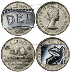 5-CENT -  1953 5-CENT SHOULDER FOLD, MAPLE LEAF FAR -  1953 CANADIAN COINS