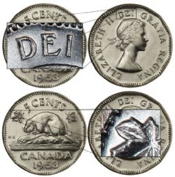 5-CENT -  1953 5-CENT SHOULDER FOLD, MAPLE LEAF NEAR -  1953 CANADIAN COINS