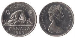 5-CENT -  1965 5-CENT SMALL BEADS & ATTACHED JEWEL, ROTATED DIE 15° -  PIÈCES DU CANADA 1965