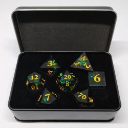 7 DICE, BLACK AND GOLD IN METAL BOX -  SHIMMERING PLASMA