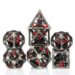 7 DICE, HOLLOW DICE , DRAGON CAGE - GUNMETAL & RED