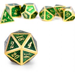 7 DICE, METAL & ENAMEL DICE SET, GREEN GLITTER