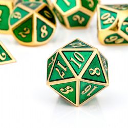 7 DICE, METAL & ENAMEL DICE SET, GREEN & GOLD