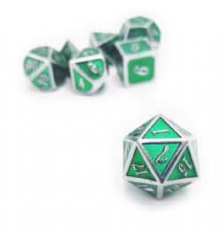 7 DICE, METAL & ENAMEL DICE SET, GREEN & SILVER