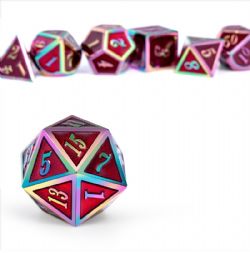 7 DICE, METAL & ENAMEL DICE SET, RED IRIDESCENCE