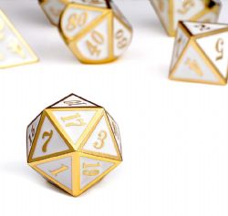 7 DICE, METAL & ENAMEL DICE SET, WHITE & GOLD