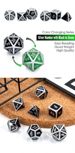 7 DICE, METAL & ENAMEL SET, SHIFT GREEN AND SILVER