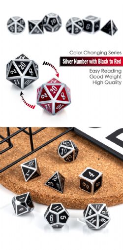 7 DICE, METAL & ENAMEL SET, SHIFT RED AND SILVER