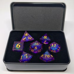 7 DICE, PURPLE AND GOLD IN METAL BOX -  SHIMMERING PLASMA