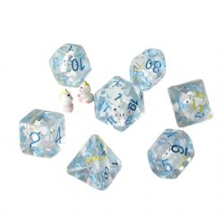 7 DICE, RESIN DICE SET, TRANSPARENT WITH UNICORNS