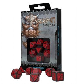 7 DICE RPG SET -  7 DICE, BLACK AND RED -  DWARVEN Q-WORKSHOP