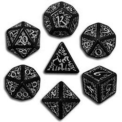 7 DICE RPG SET -  7 DICE, BLACK AND WHITE -  ELVEN Q-WORKSHOP