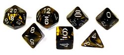 7 DICE RPG SET -  7 DICE, BLACK GOLD WITH SILVER -  LEAF CHX